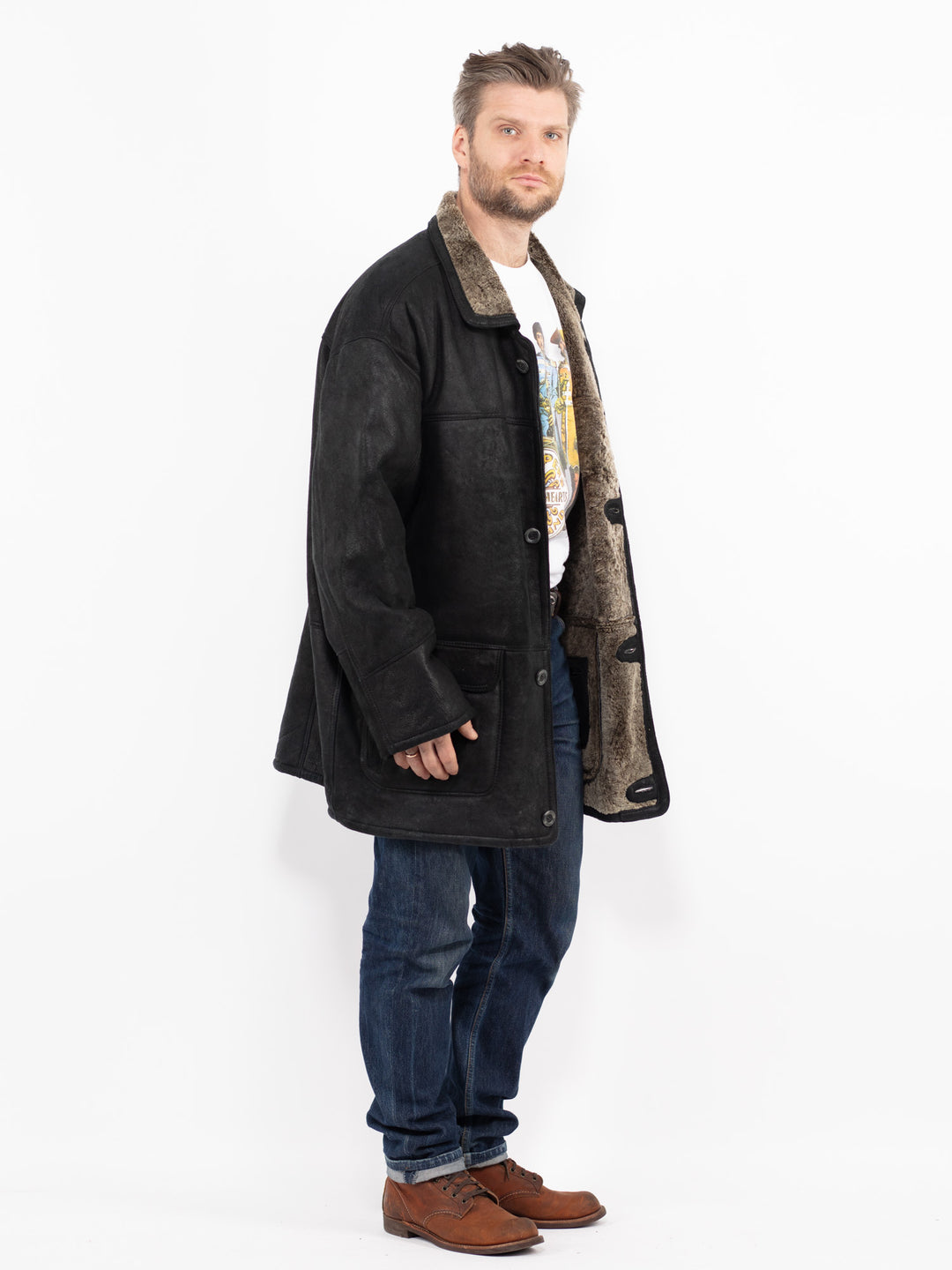 Vintage 90's Men Sheepskin Coat in BlackZ2701