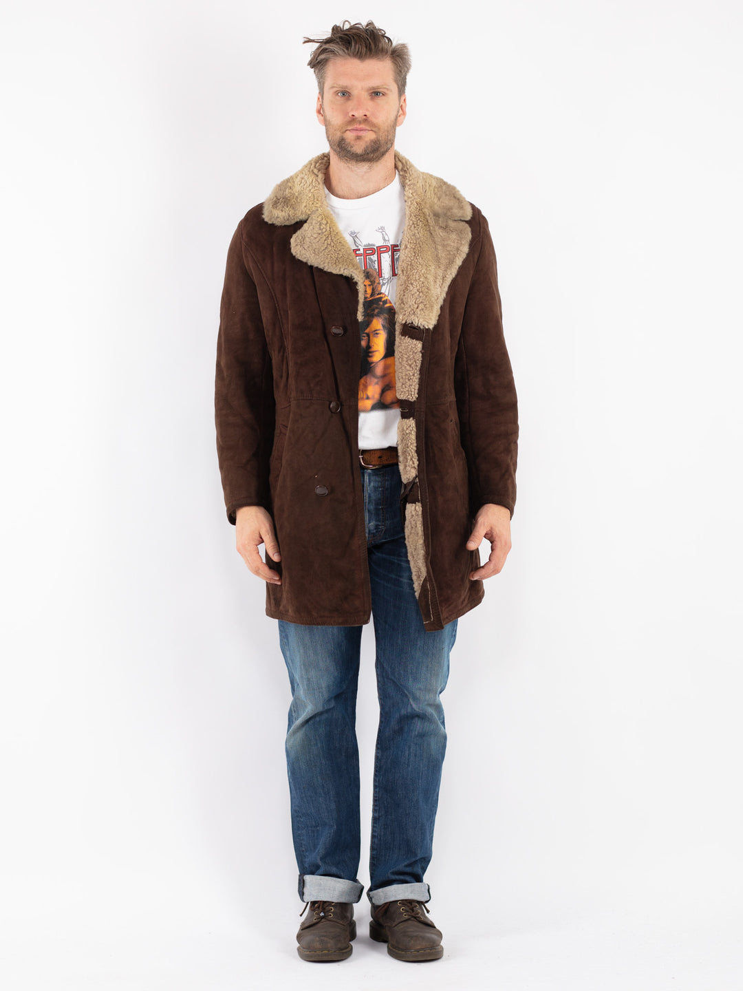 Vintage Men Sheepskin Coat in Brown