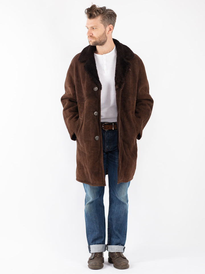 Vintage 70's Men Sheepskin Shearling Coat in Brown