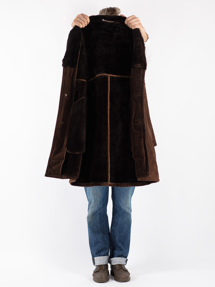 Vintage 70's Men Sheepskin Shearling Coat in Brown