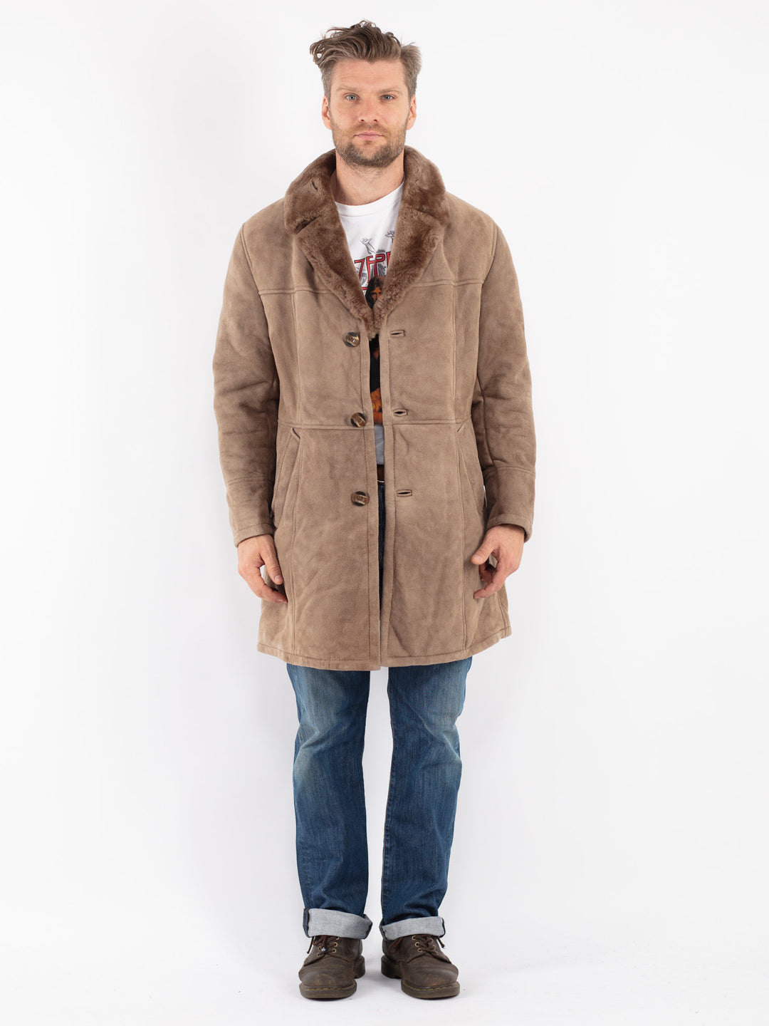 Vintage Men Sheepskin Coat in Gray