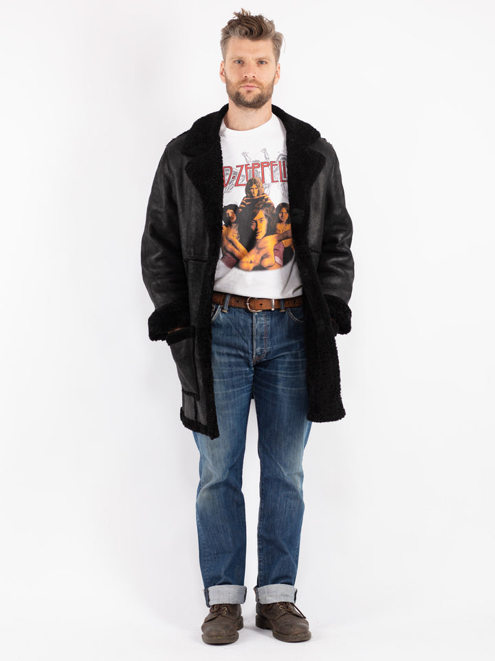 Vintage Men Sheepskin Shearling Coat in Black