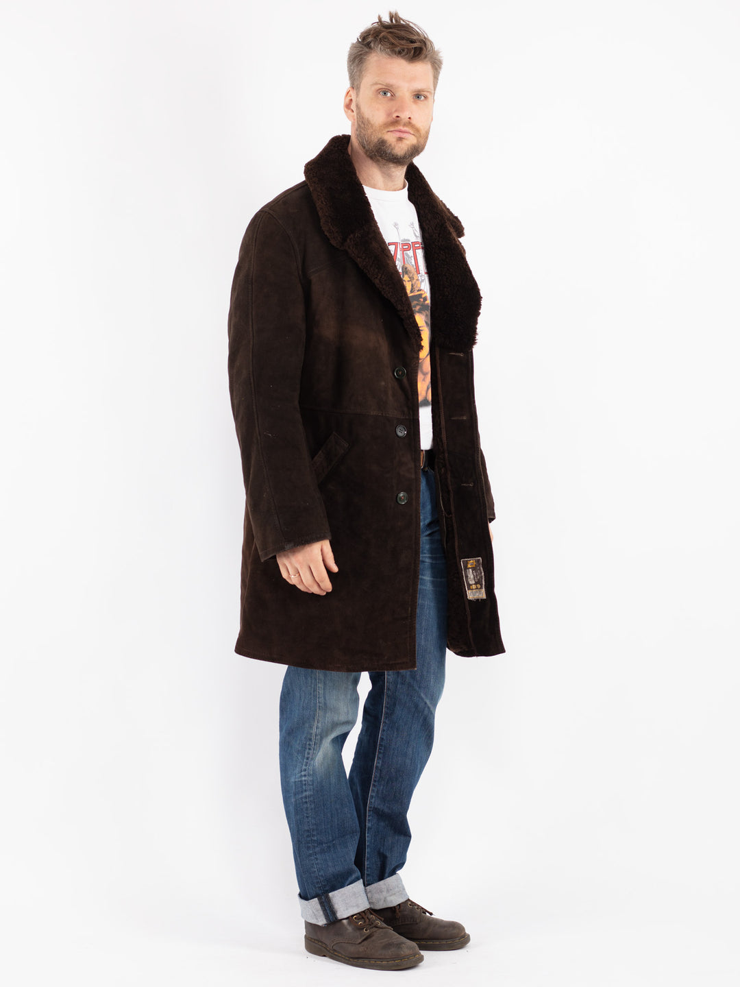Vintage Men Sheepskin Shearling Coat in Brown