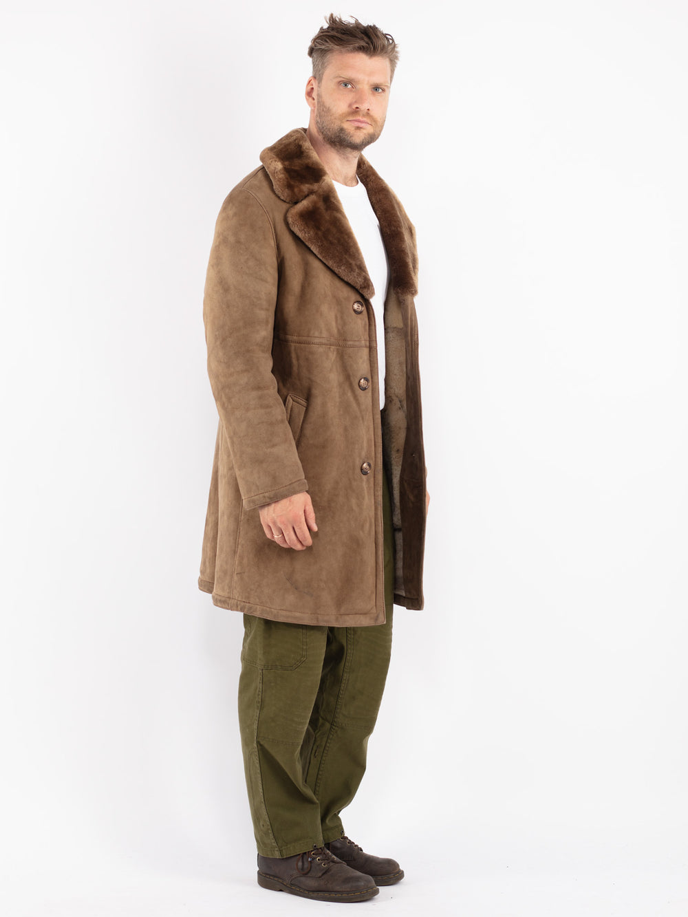 Vintage 70's Men Sheepskin Coat in Beige