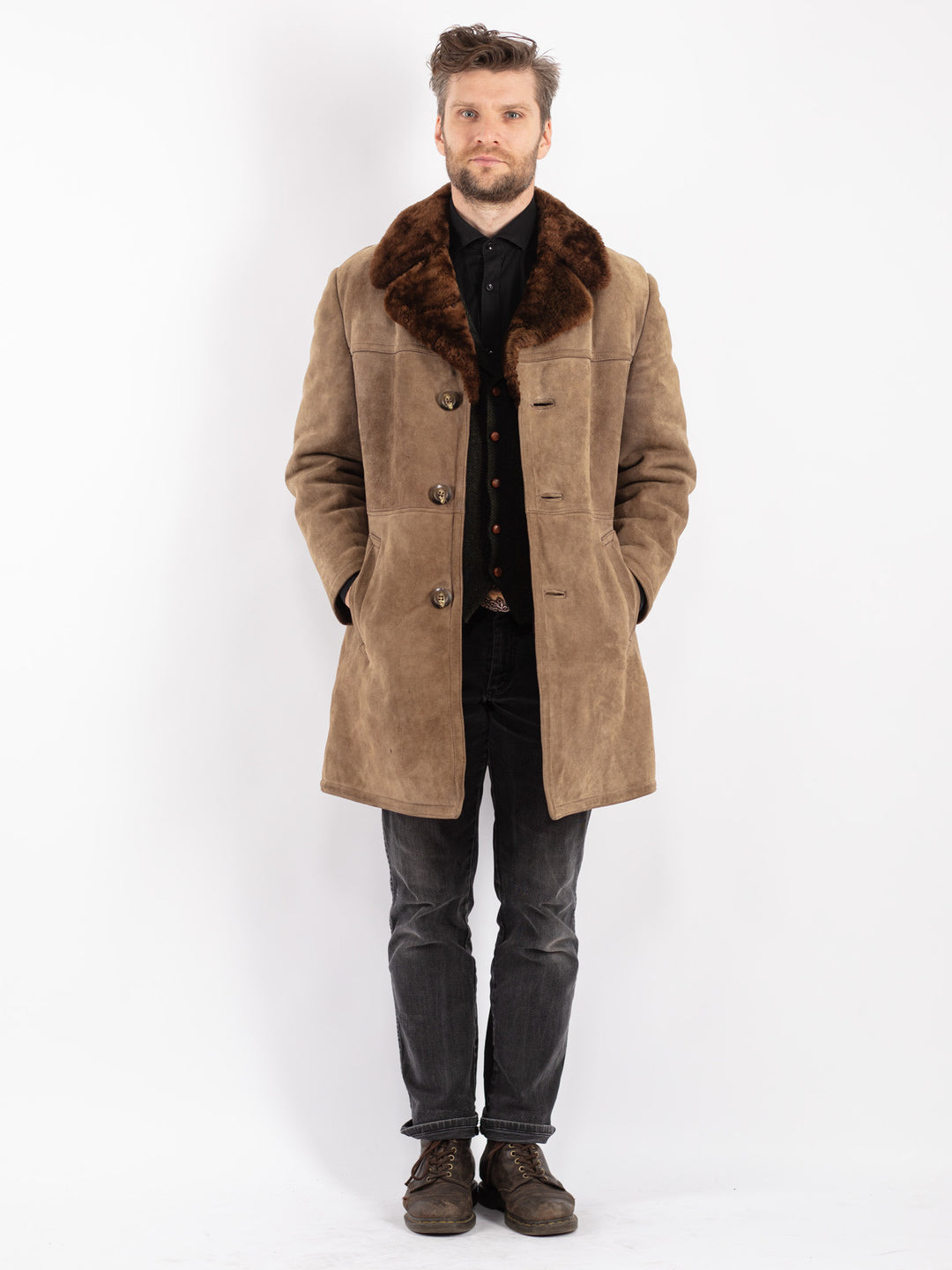 Vintage 70's Men Sheepskin Coat in Beige