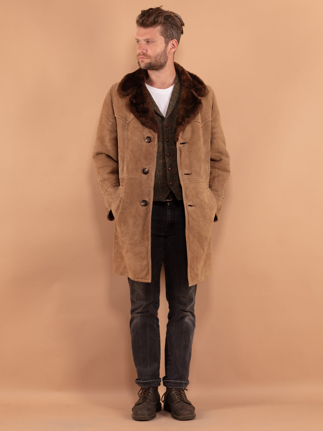 Vintage 70's Men Sheepskin Coat in Beige