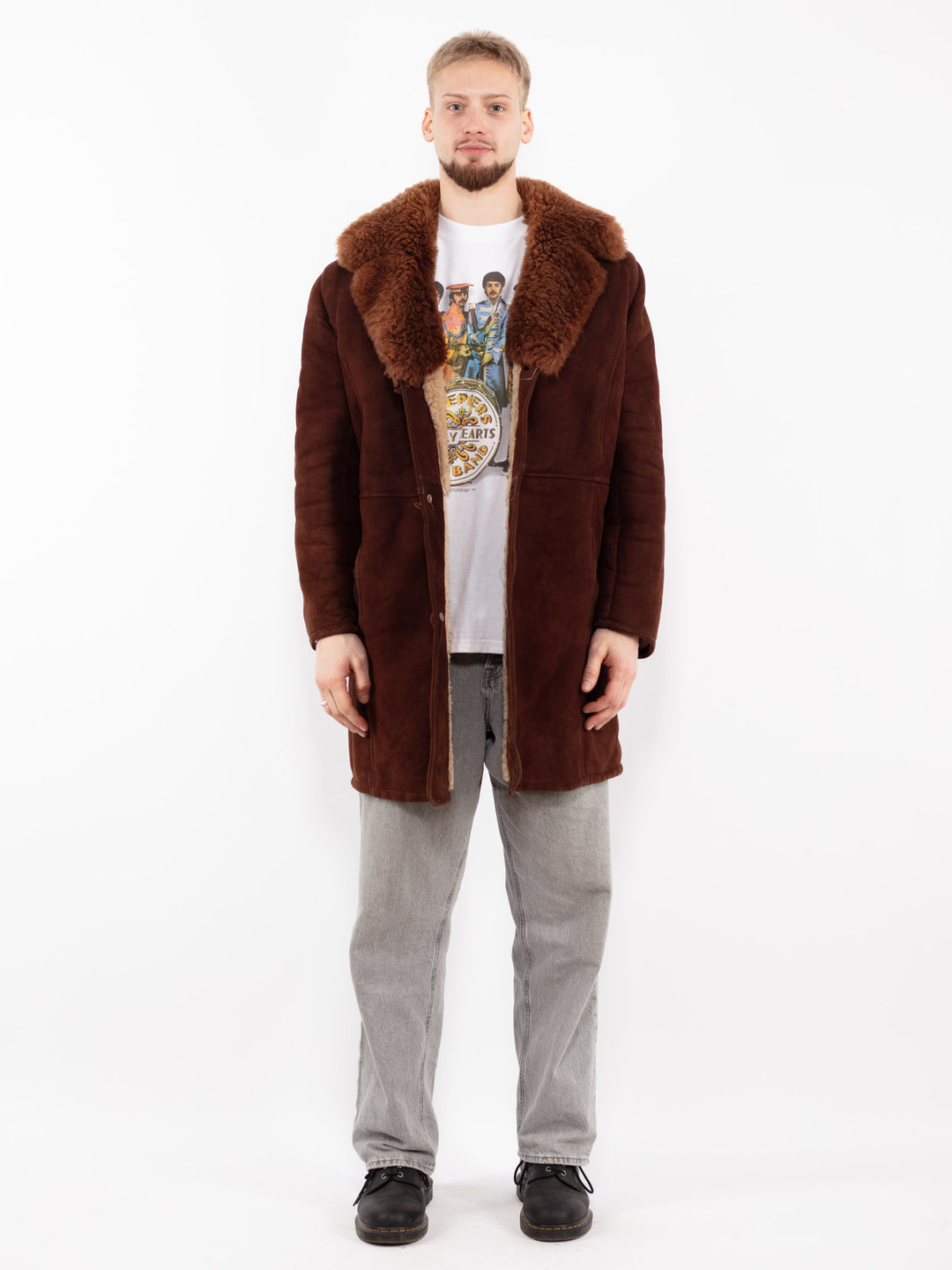 Vintage 70's Men Sheepskin Shearling Coat in Brown