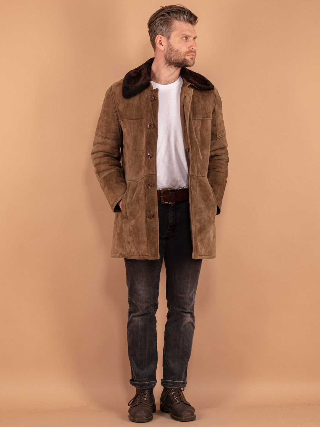 Vintage 70's Men Sheepskin Coat in Dark Beige