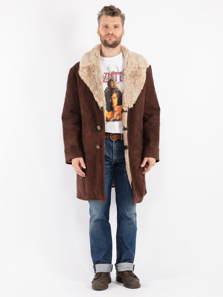 Vintage 70's Men Sheepskin Shearling Coat in Brown
