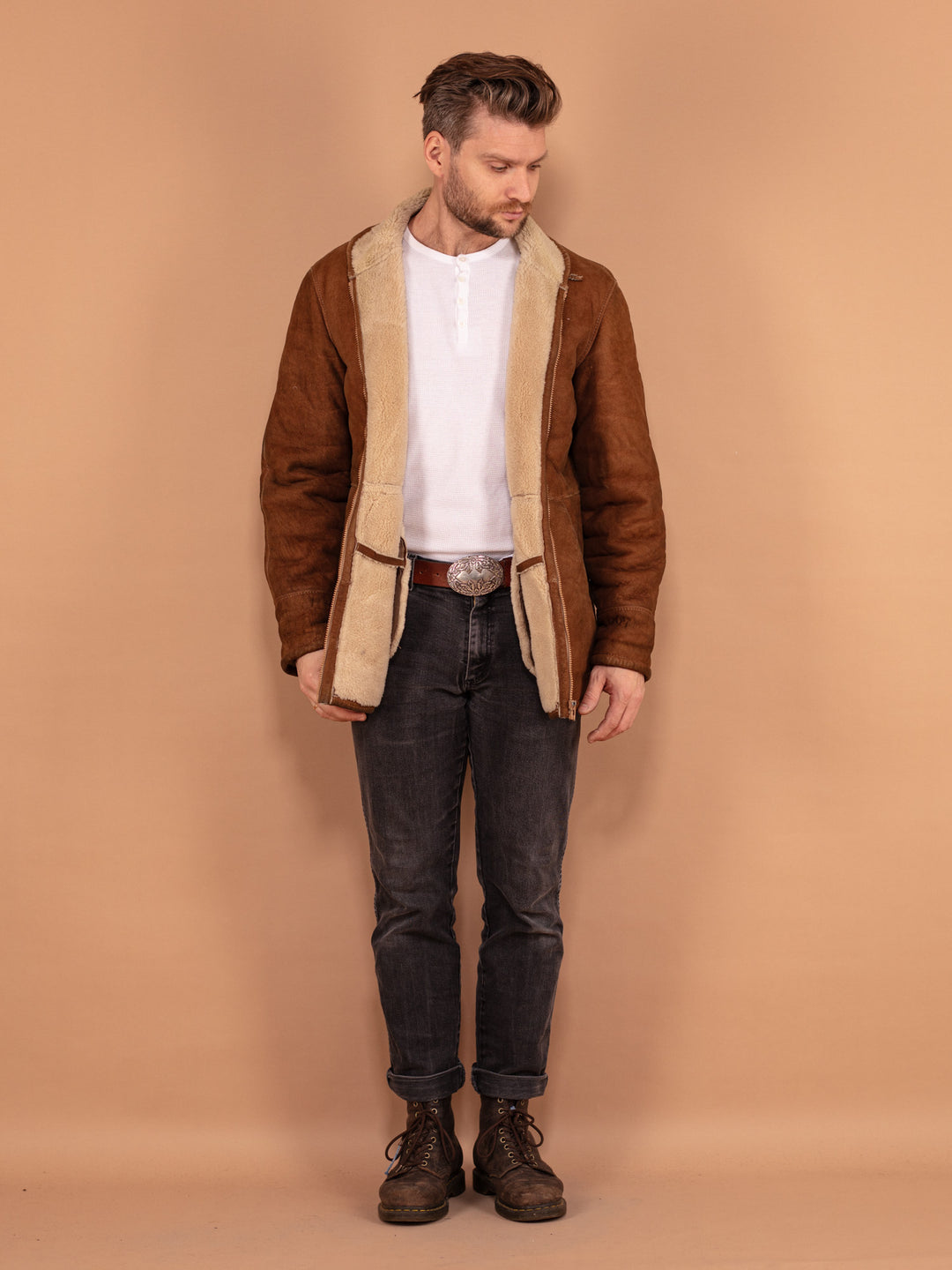 Vintage 70's Men Zip Up Sheepskin Coat in Brown