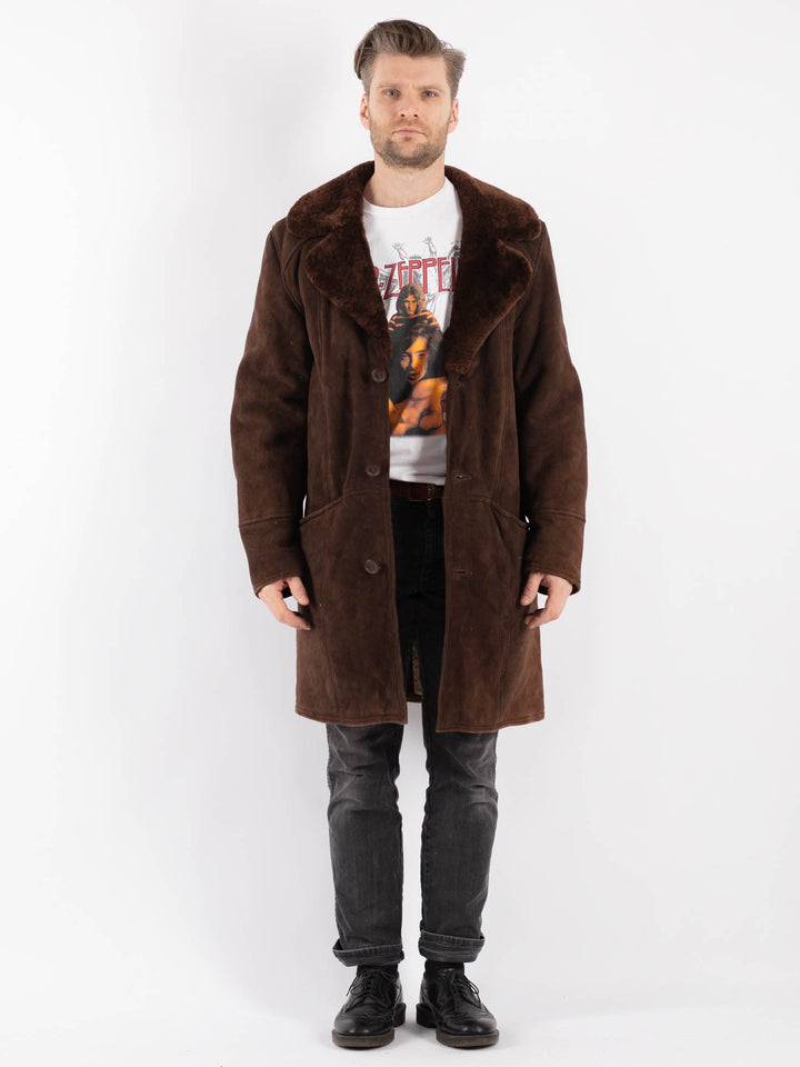 Vintage 70's Men Sheepskin Shearling Coat in Brown