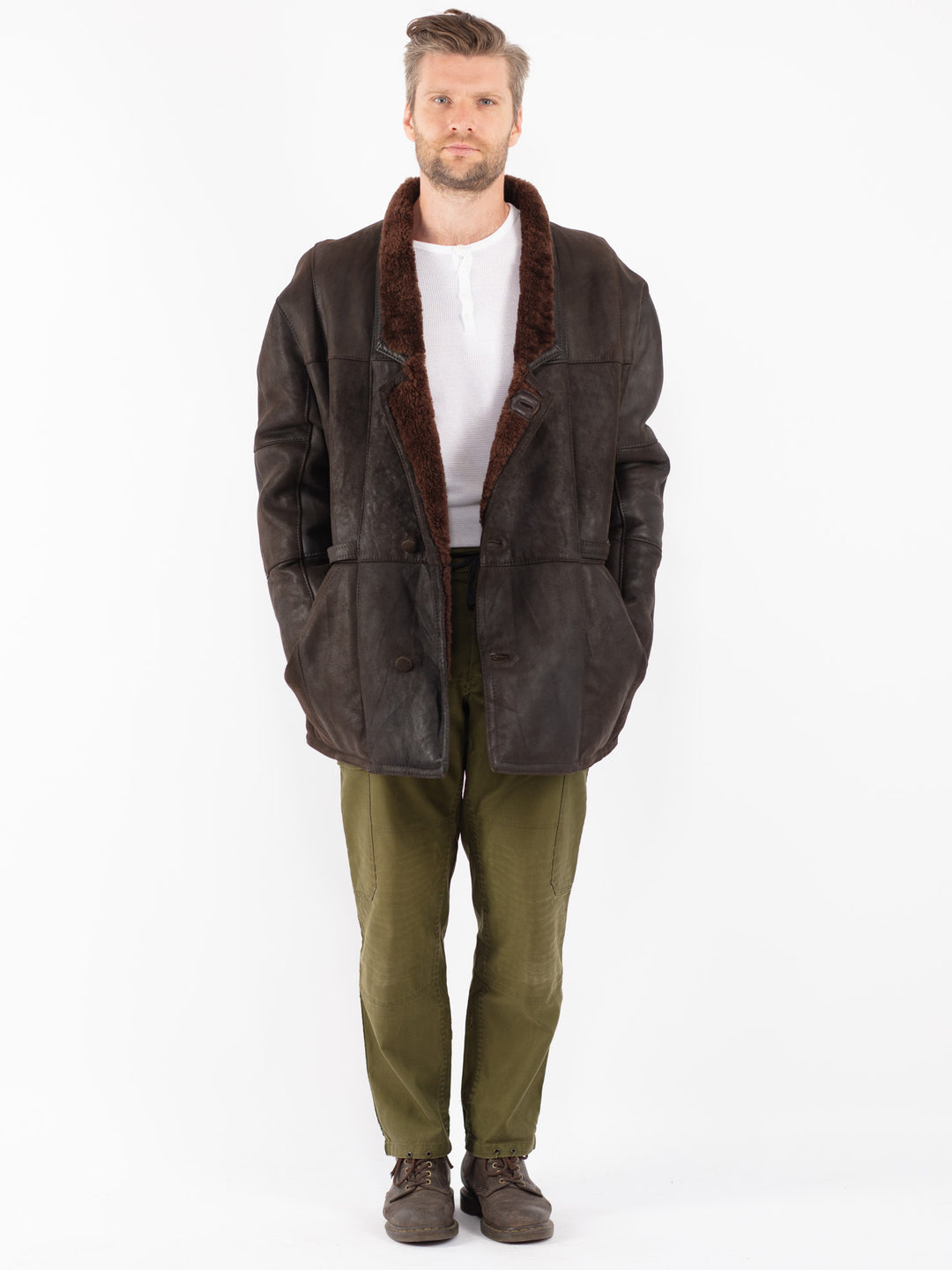 Vintage 70's Men Sheepskin Coat in Black