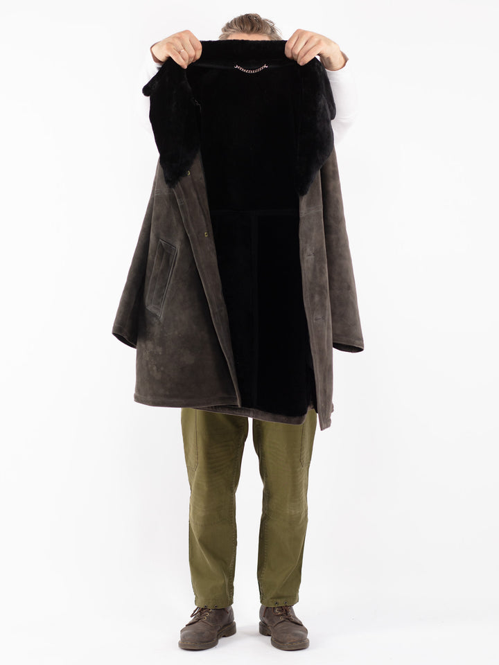 Vintage 70's Men Sheepskin Shearling Coat in Gray
