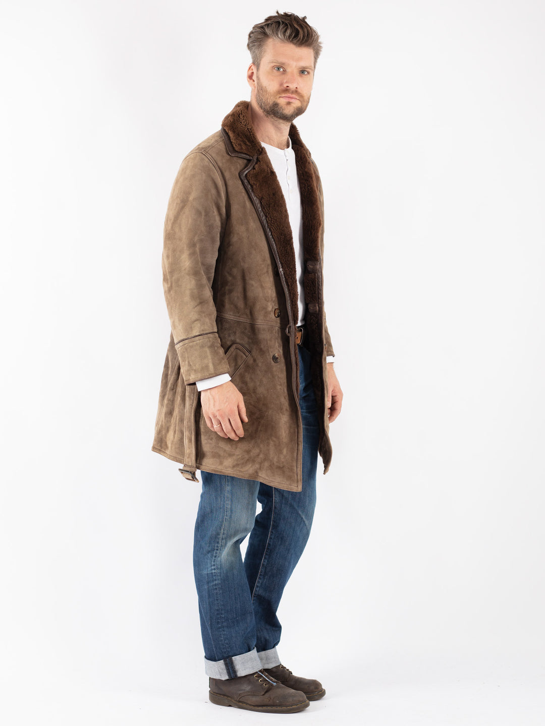 Vintage 70's Men Sheepskin Coat in Beige
