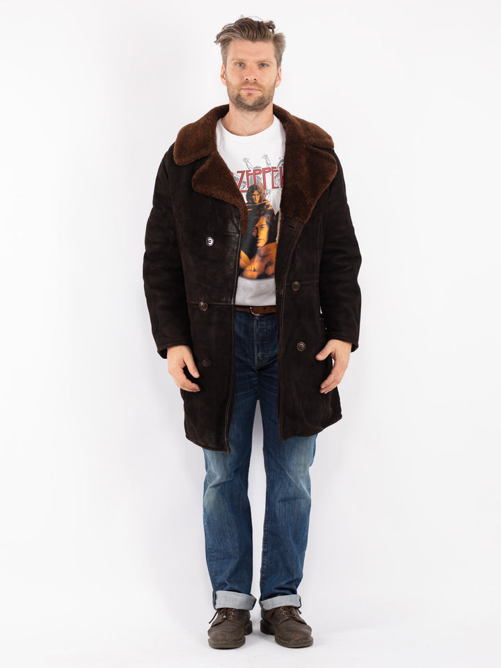Vintage 70's Men Sheepskin Shearling Coat in Brown