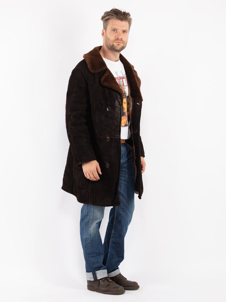 Vintage 70's Men Sheepskin Shearling Coat in Brown
