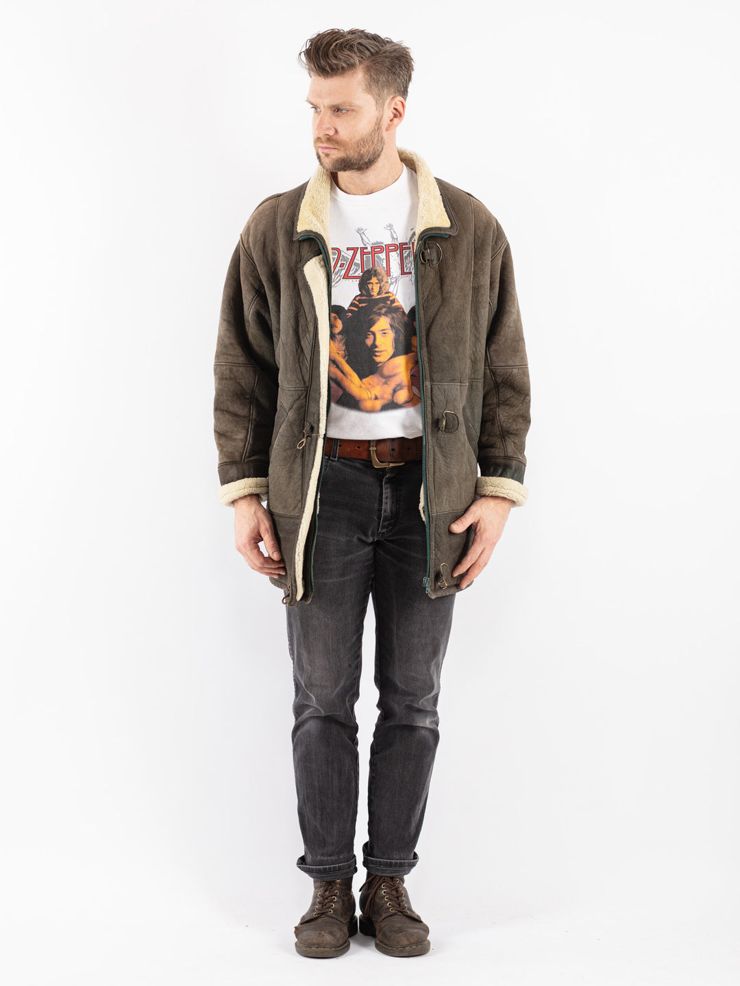Vintage 70's Men Sheepskin Coat in Khaki