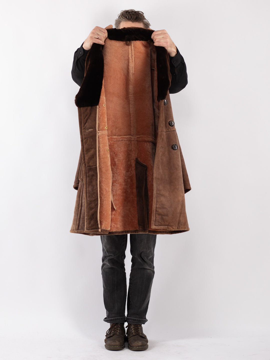 Vintage 70's Men Sheepskin Shearling Coat in Brown