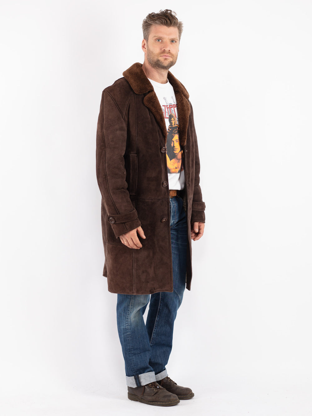 Vintage 70's Men Sheepskin Shearling Coat in Brown