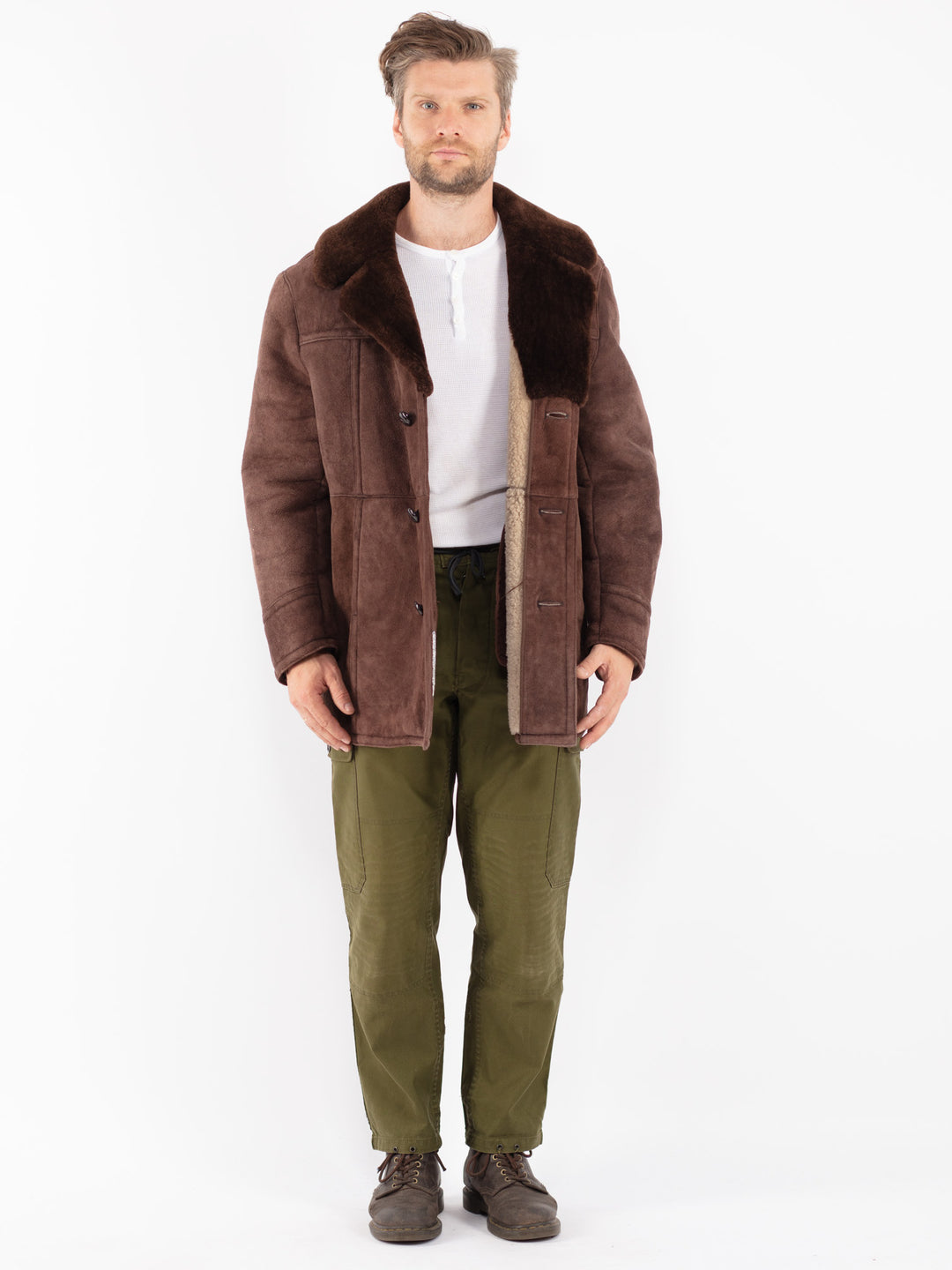 Vintage 70's Men Sheepskin Shearling Coat in Brown