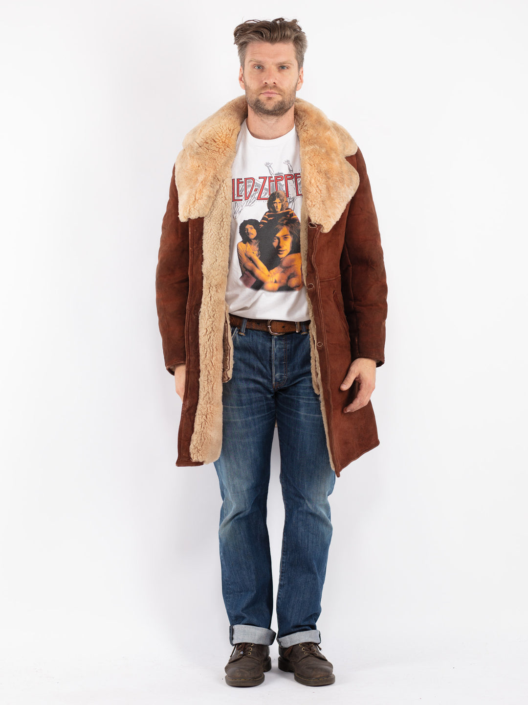 Vintage Men Sheepskin Shearling Coat in Brown