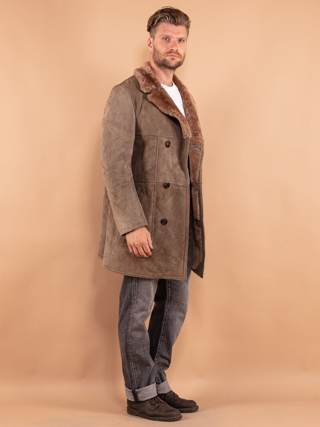 Vintage 70's Men Sheepskin Coat in Beige