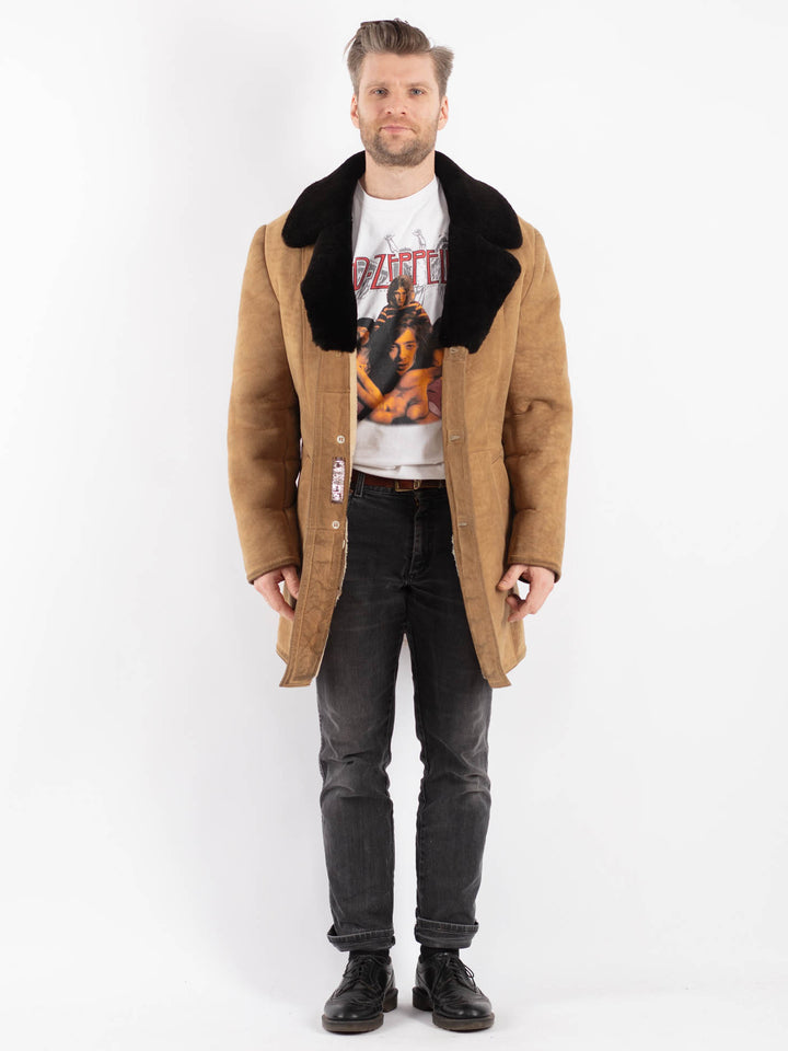 Vintage 70's Men Sheepskin Shearling Coat in Beige