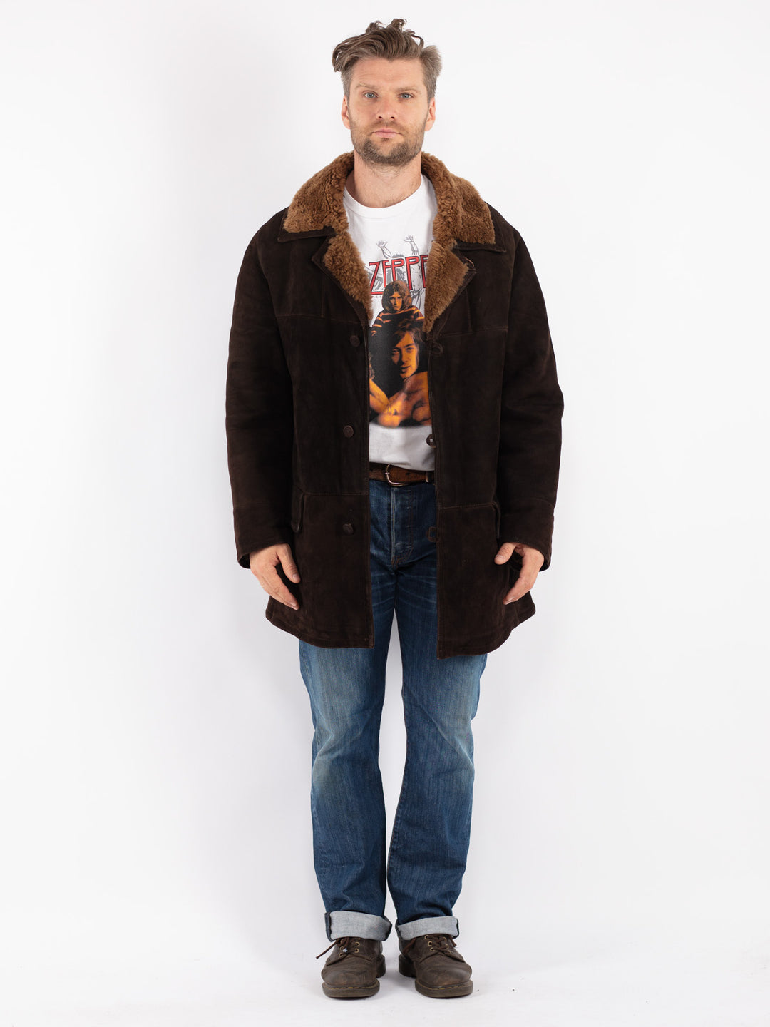 Vintage Men Sheepskin Coat in Brown