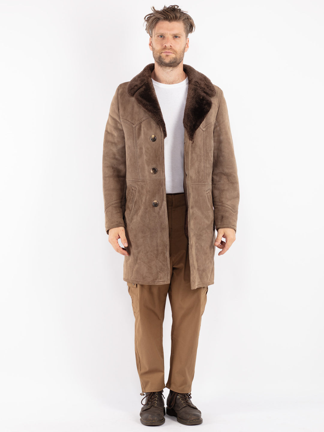 Vintage 70's Men Sheepskin Coat in Beige