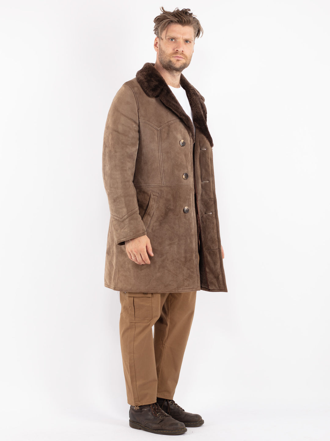 Vintage 70's Men Sheepskin Coat in Beige