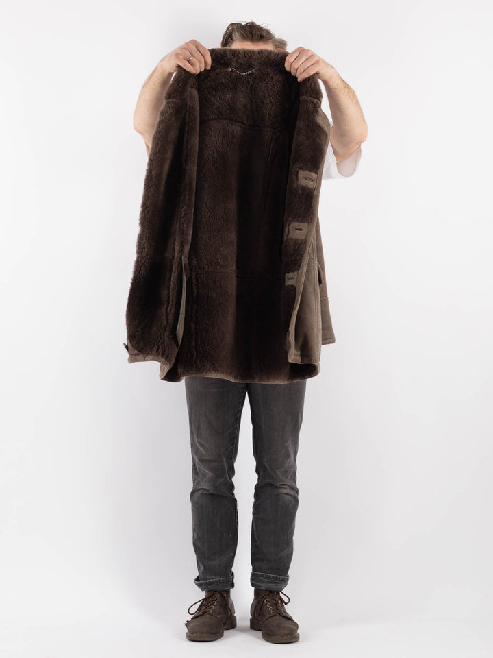 Vintage 70's Men Sheepskin Shearling Coat in Brown