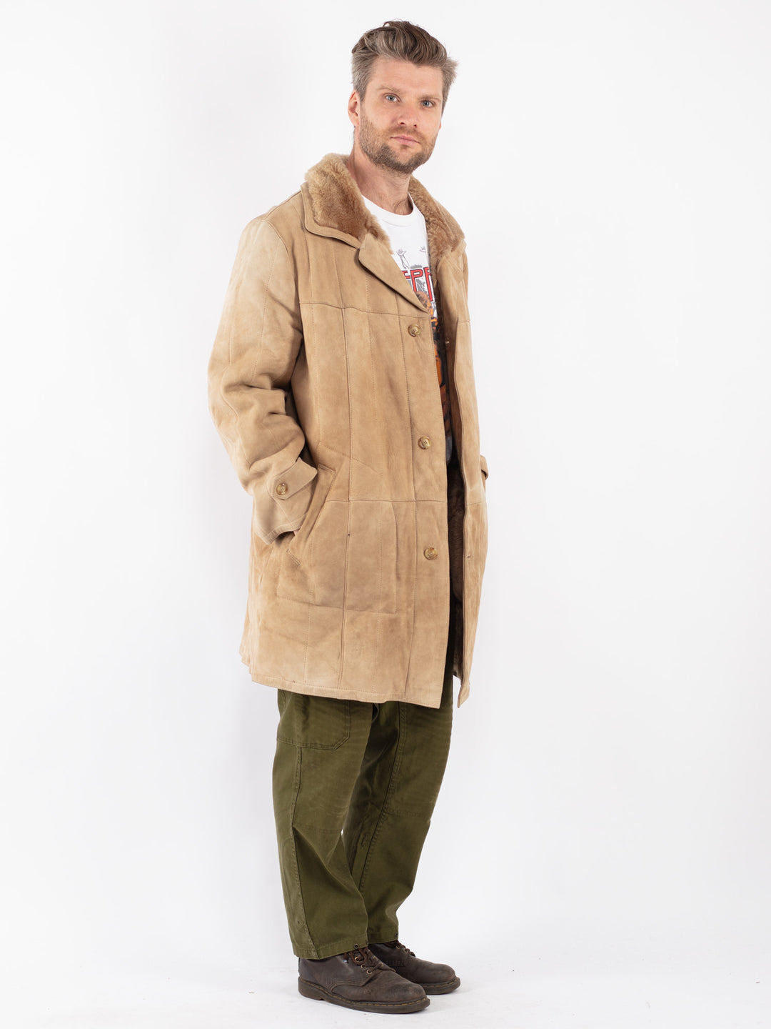 Vintage Men Sheepskin Coat in Beige