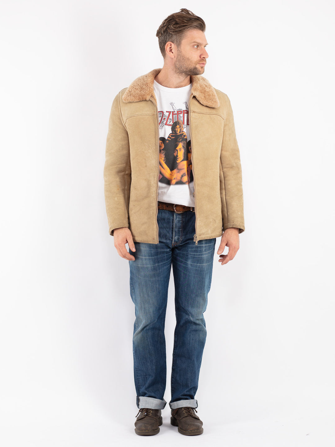 Vintage Men Sheepskin Jacket in Beige