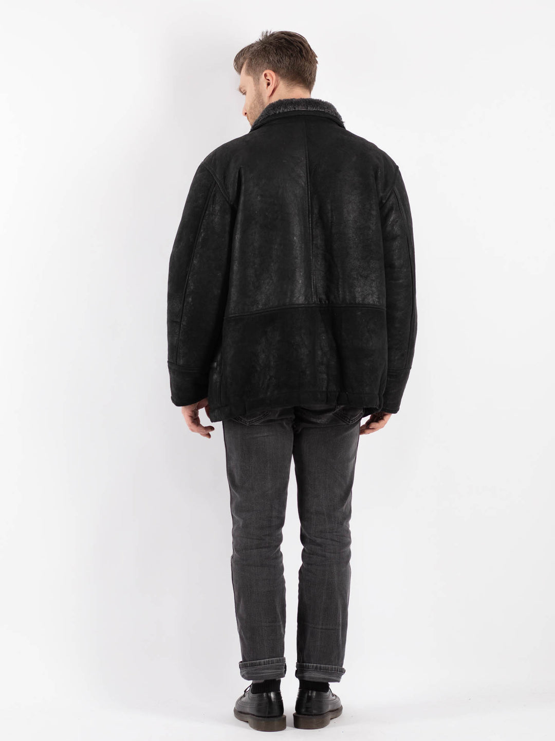 Vintage 70's Men Sheepskin Shearling Jacket in Black