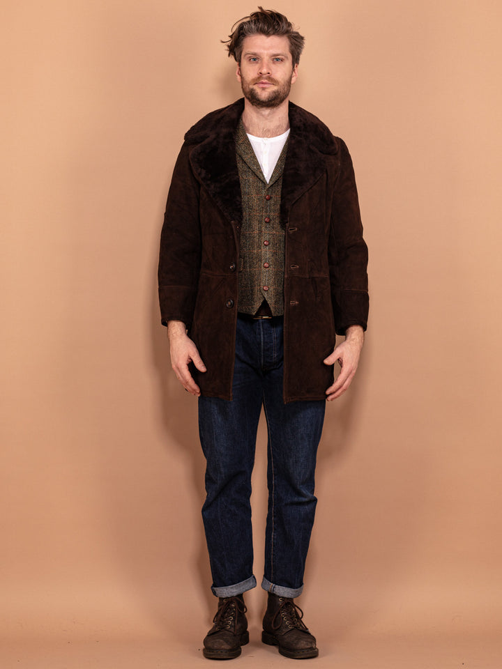 Vintage 70's Men Sheepskin Suede Coat in Brown - NorthernGrip