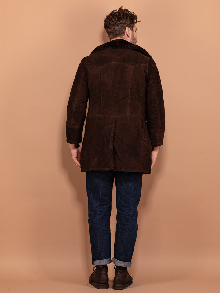 Vintage 70's Men Sheepskin Suede Coat in Brown - NorthernGrip