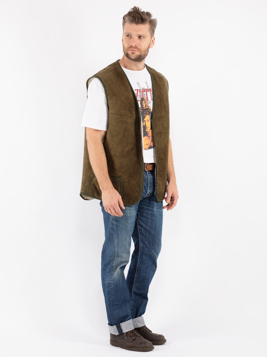 Vintage 70's Men Sheepskin Vest in Green