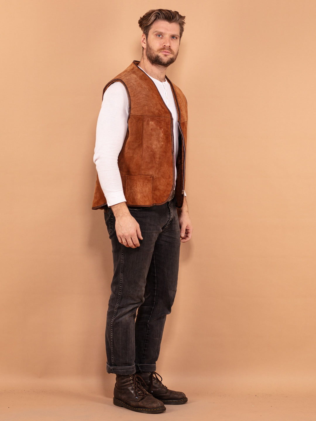 Vintage 70's Men Sheepskin Vest in Brown