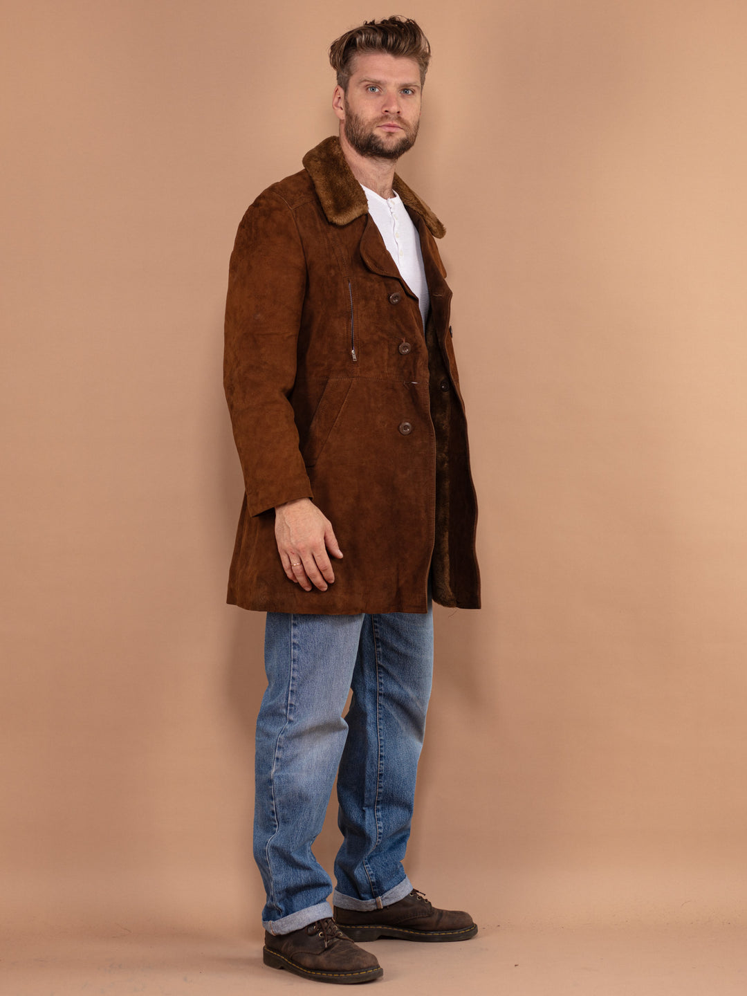 Vintage 70's Men Suede Sherpa Coat in Brown - NorthernGrip