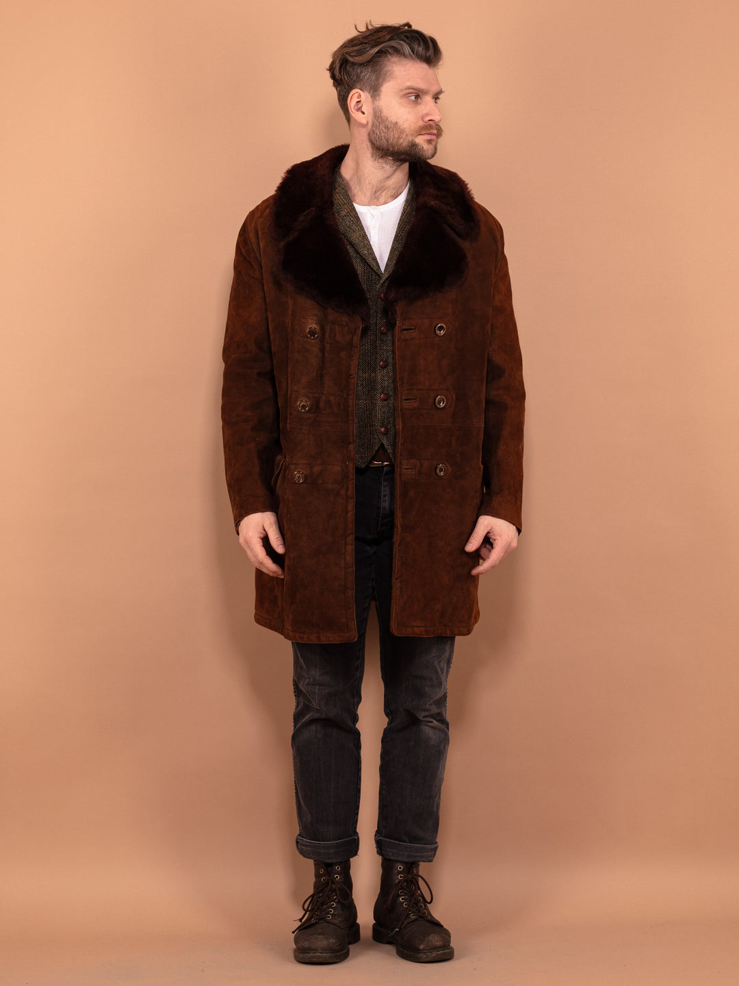 Vintage 70's Men Suede Sherpa Coat in Brown - NorthernGrip
