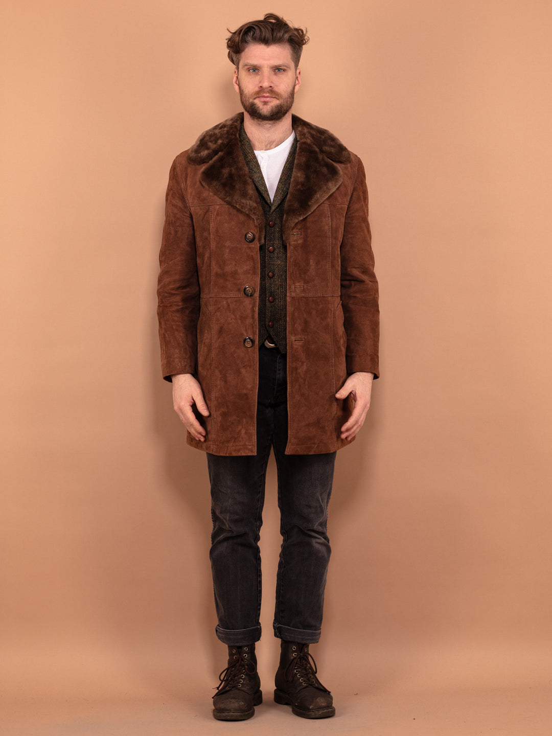 Vintage 70's Men Suede Sherpa Coat in Light Brown - NorthernGrip