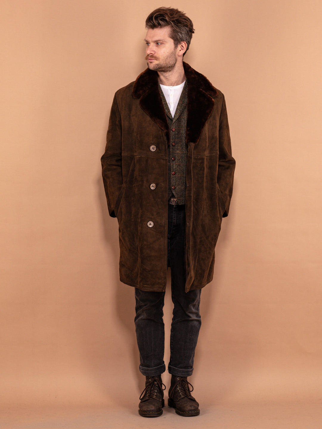 Vintage 70's Men Suede Sherpa Coat in Brown - NorthernGrip
