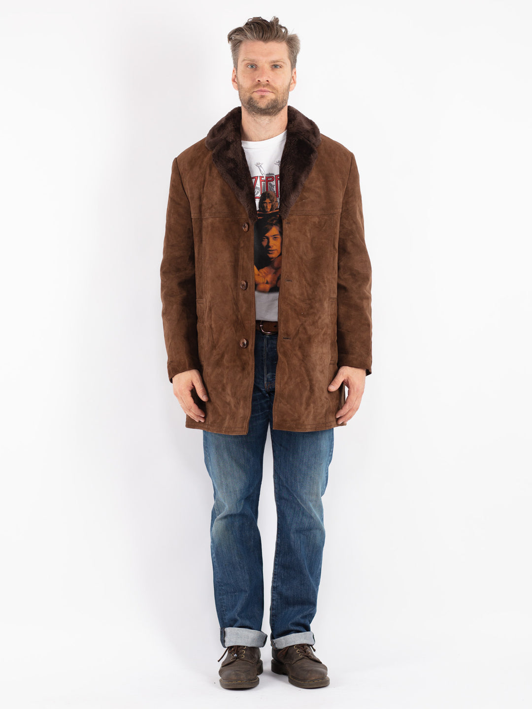 Vintage Men Suede Sherpa Coat in Brown