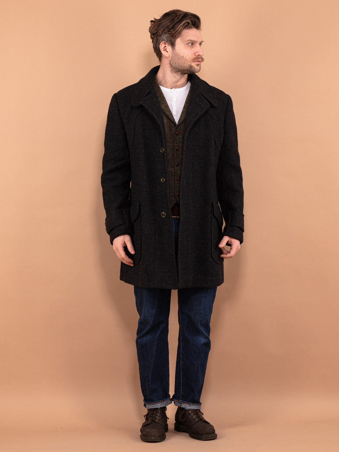 Vintage 70's Men Wool Coat in Gray - NorthernGrip