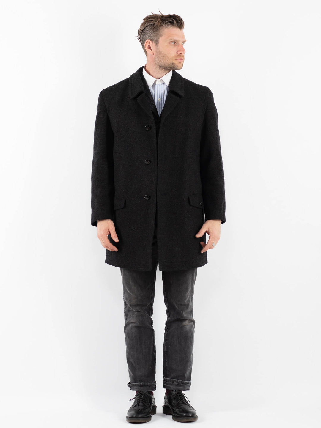 Vintage 70's Men Wool Coat in Black