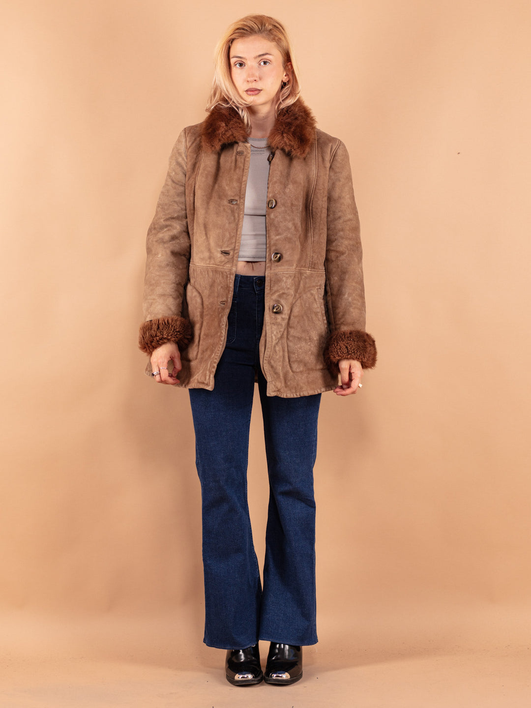 Vintage 70's Women Distressed Sheepskin Coat in Brown