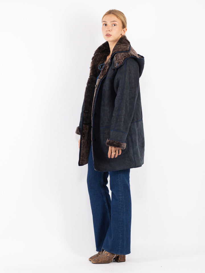 Vintage 70's Women Sheepskin Coat in Blue