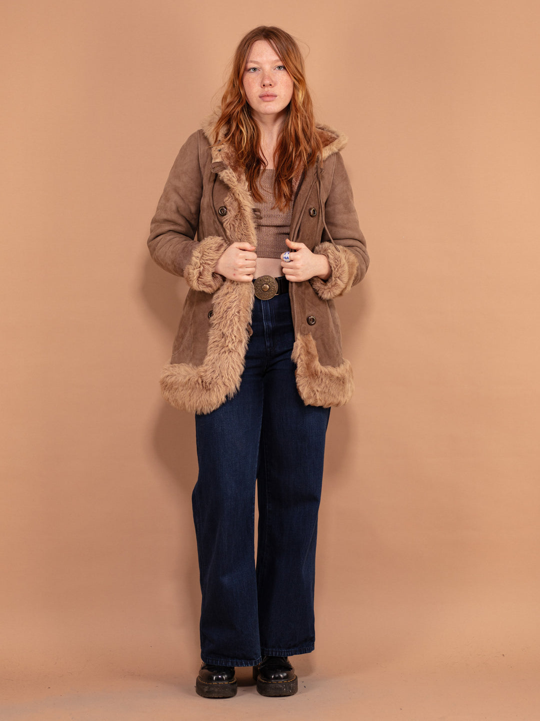 Vintage 70's Women Hooded Sheepskin Coat in Brown - NorthernGrip