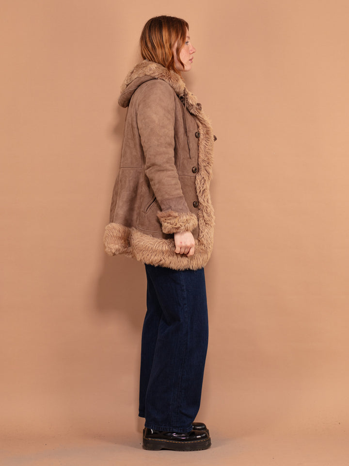 Vintage 70's Women Hooded Sheepskin Coat in Brown - NorthernGrip