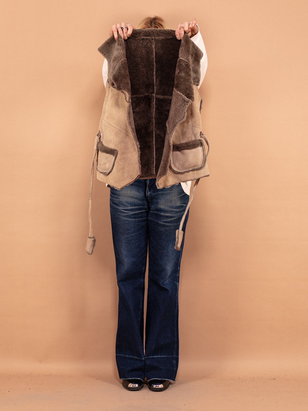 Vintage 70's Women Boho Sheepskin Vest in Beige - NorthernGrip